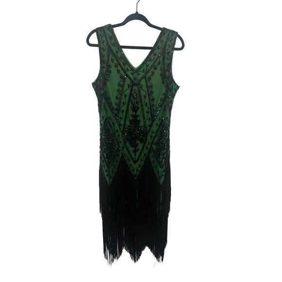 PrettyGuide Dresses & Skirts - PrettyGuide Green Black Sequin Fringe Flapper Dress 1920s Gatsby Style L (1098)